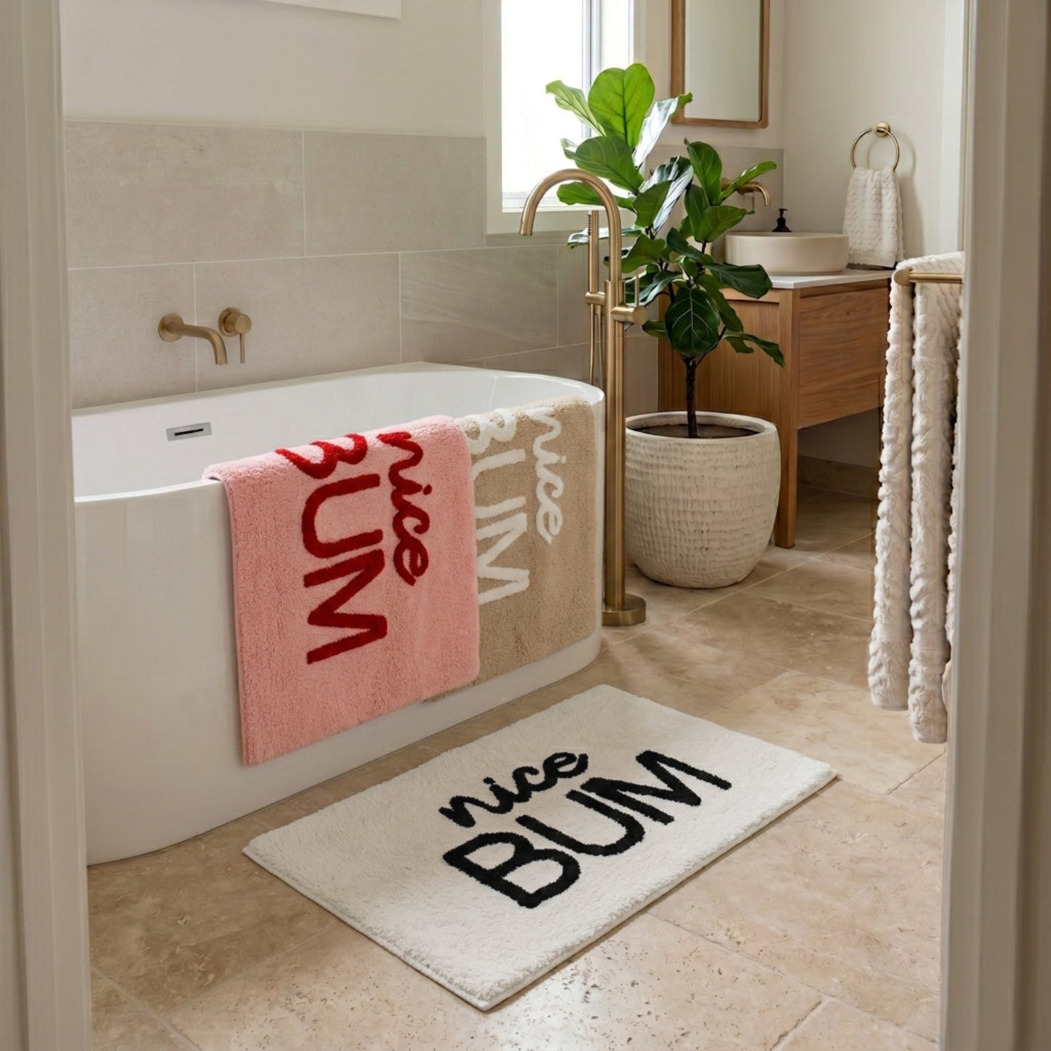 Funny bathroom mats with nice bum slogan, hand tufted and super soft.