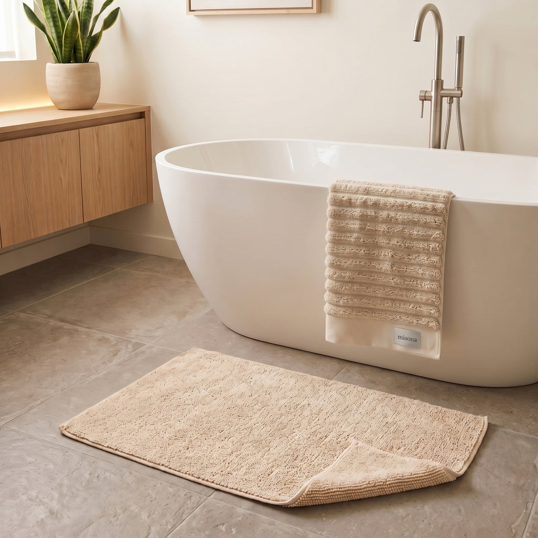 Organic cotton looped reversible bath mat in neutral beige colour, paired with matching natural organic towel.