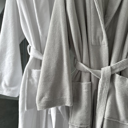 Velour dressing gown with towelling inner for super softness and absorbency. 
