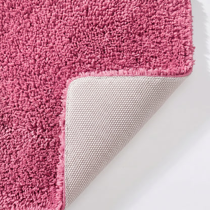Rose pink non slip toilet pedestal mat with shaggy pile- 100% microfibre.