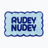 Cobalt blue and baby blue scalloped bathroom mat with rudey nudey slogan - fun dopamine bathroom.