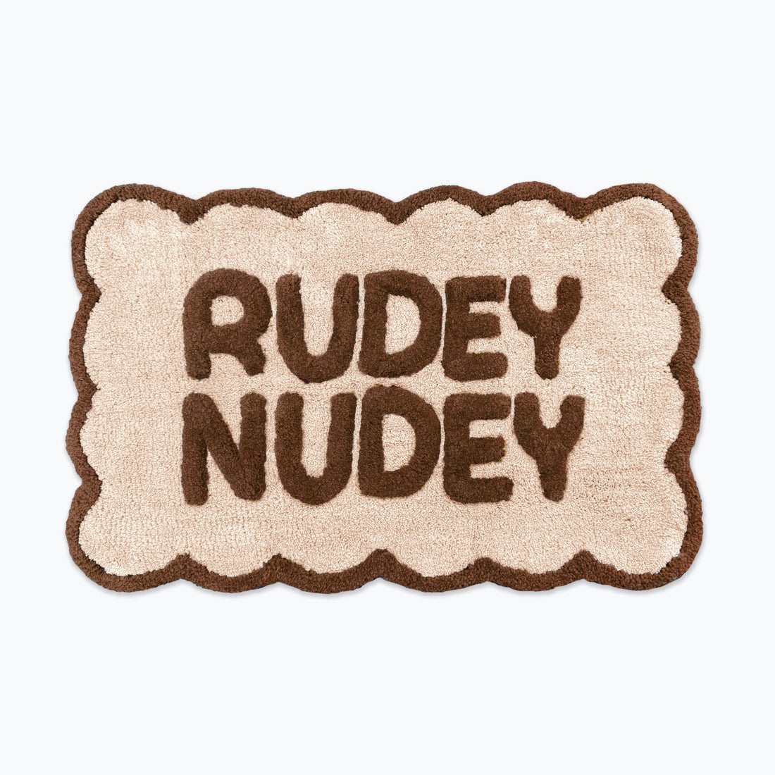Chocolate brown and cream scalloped bath mat with slogan text - rudey nudey bathroom rug.