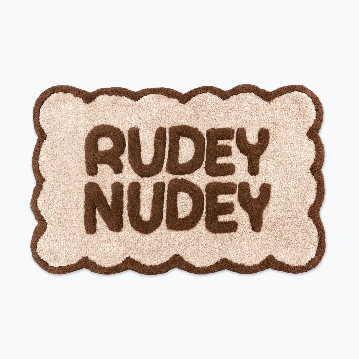 Chocolate brown and cream scalloped bath mat with slogan text - rudey nudey bathroom rug.