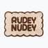 Chocolate brown and cream scalloped bath mat with slogan text - rudey nudey bathroom rug.