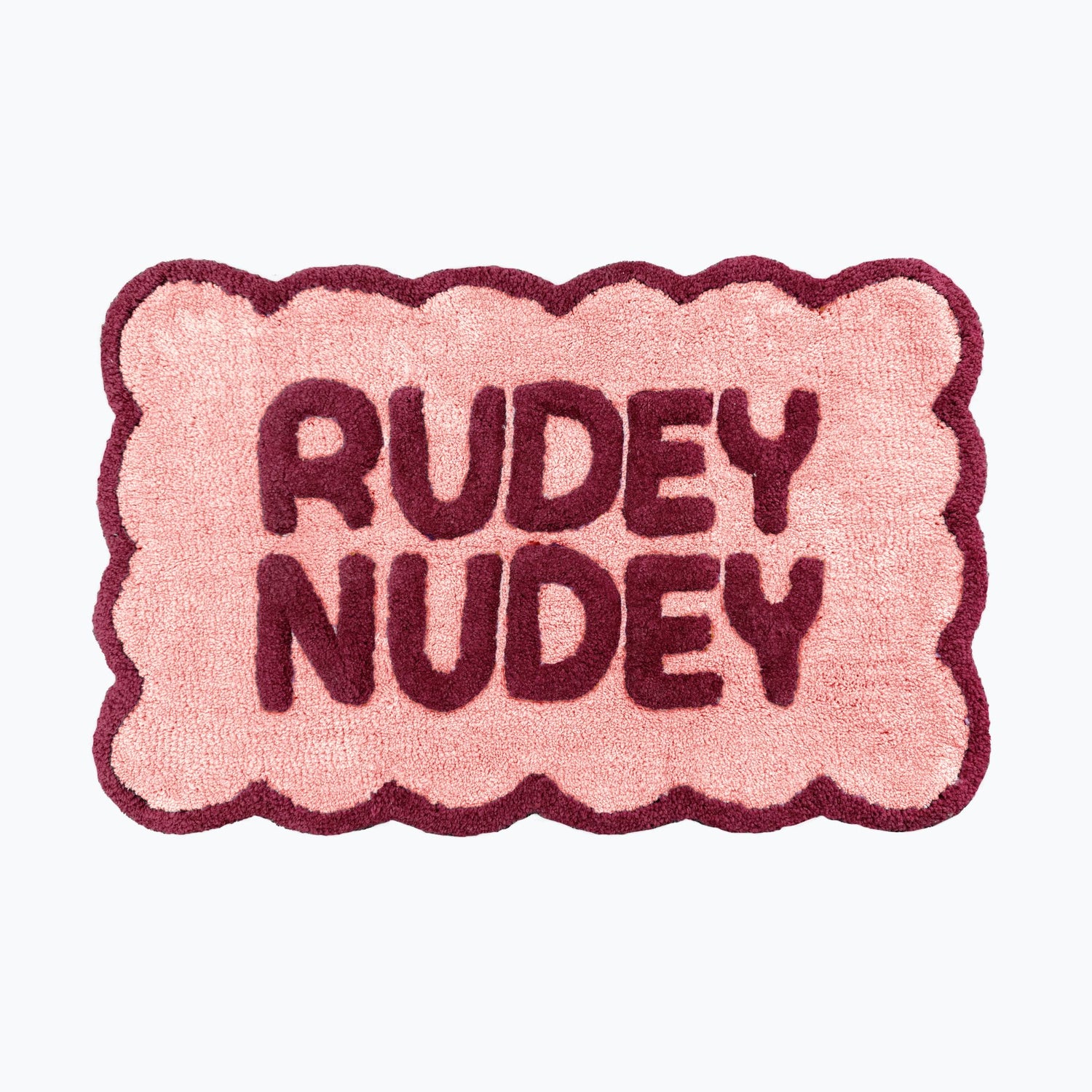 Burgundy and pink bathroom mats with scalloped edges - fun rudey nudey slogan design.