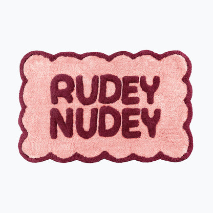 Burgundy and pink bathroom mats with scalloped edges - fun rudey nudey slogan design.