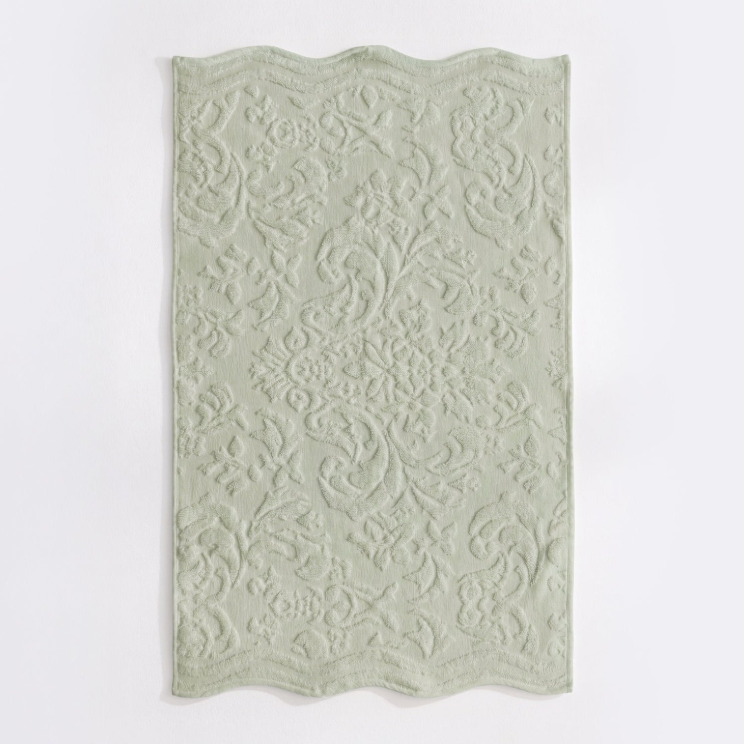 Sage green scalloped bathroom towels in textured floral jacquard design - 100% cotton towels.
