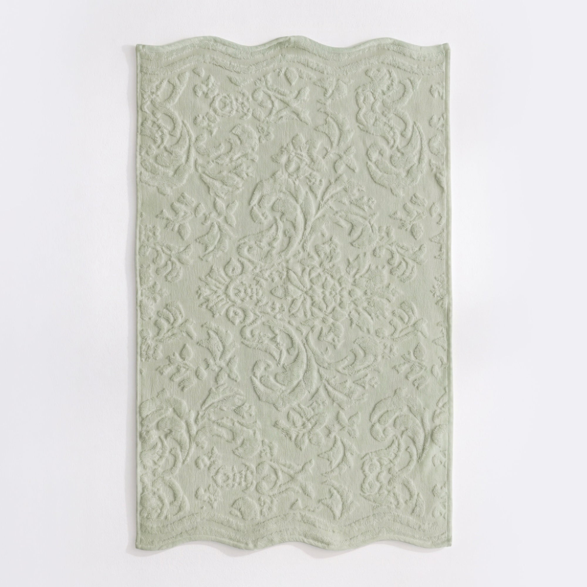 Sage green scalloped bathroom towels in textured floral jacquard design - 100% cotton towels.
