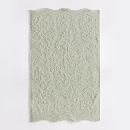 Sage green scalloped bathroom towels in textured floral jacquard design - 100% cotton towels.