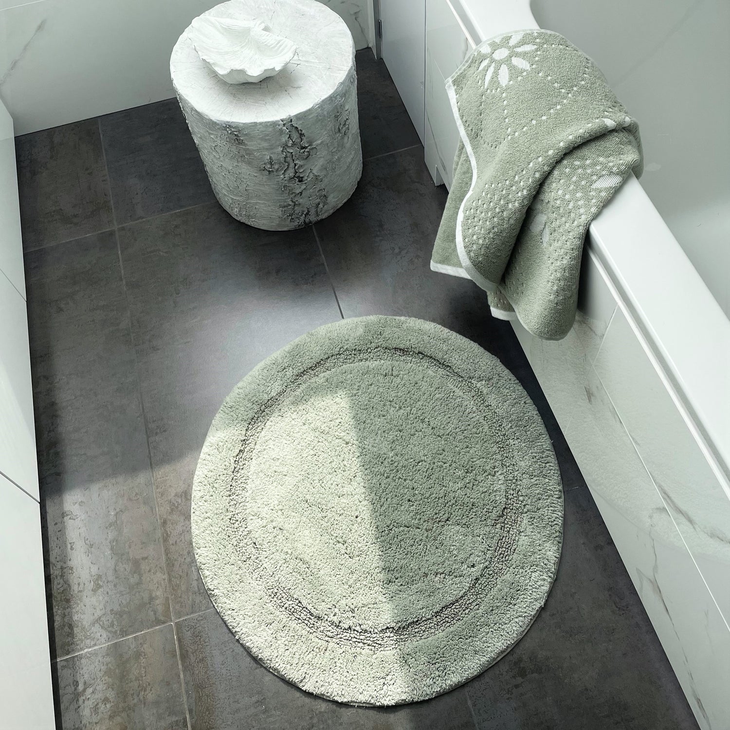 round bathroom mat sage green