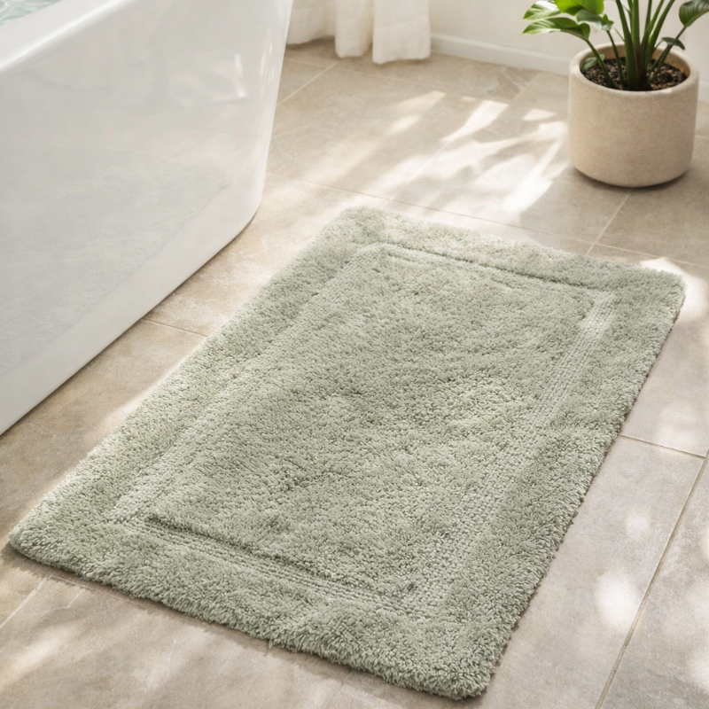 Sage green bathroom mat made from bamboo and cotton.