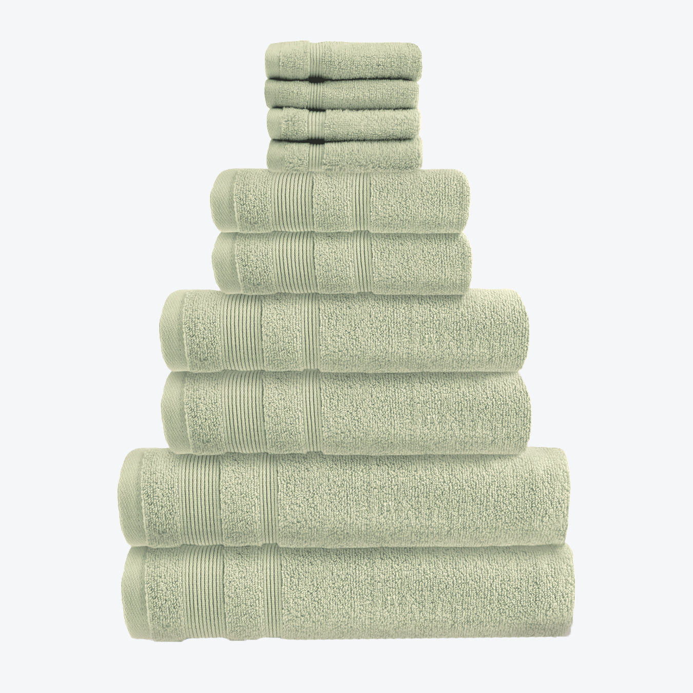 Sage Green Zero Twist 10pc Towel Set Egyptian Cotton Bathroom Towel Bale. Hand Towels, Bath Towels, Bath Sheets, and Face Cloths