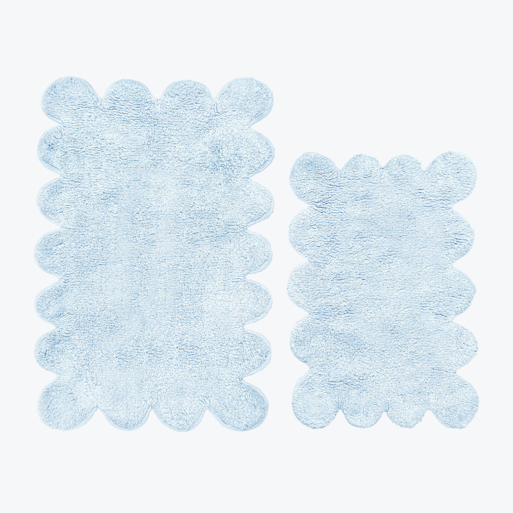Scalloped baby blue bathroom mats, two piece set