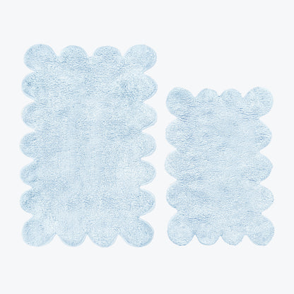 Scalloped baby blue bathroom mats, two piece set