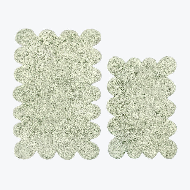 Sage green bath mats in scalloped design, 2pc set.