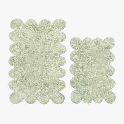 Sage green bath mats in scalloped design, 2pc set.