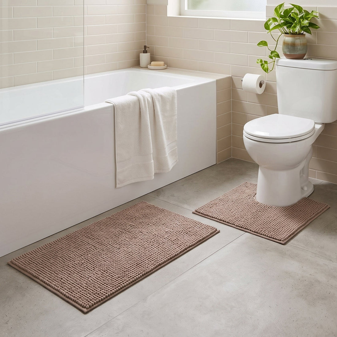 A bathroom scene with two chenille bobble bath mats in a warm taupe-brown colour, one bath mat on the floor and one pedestal mat on the toilet base.