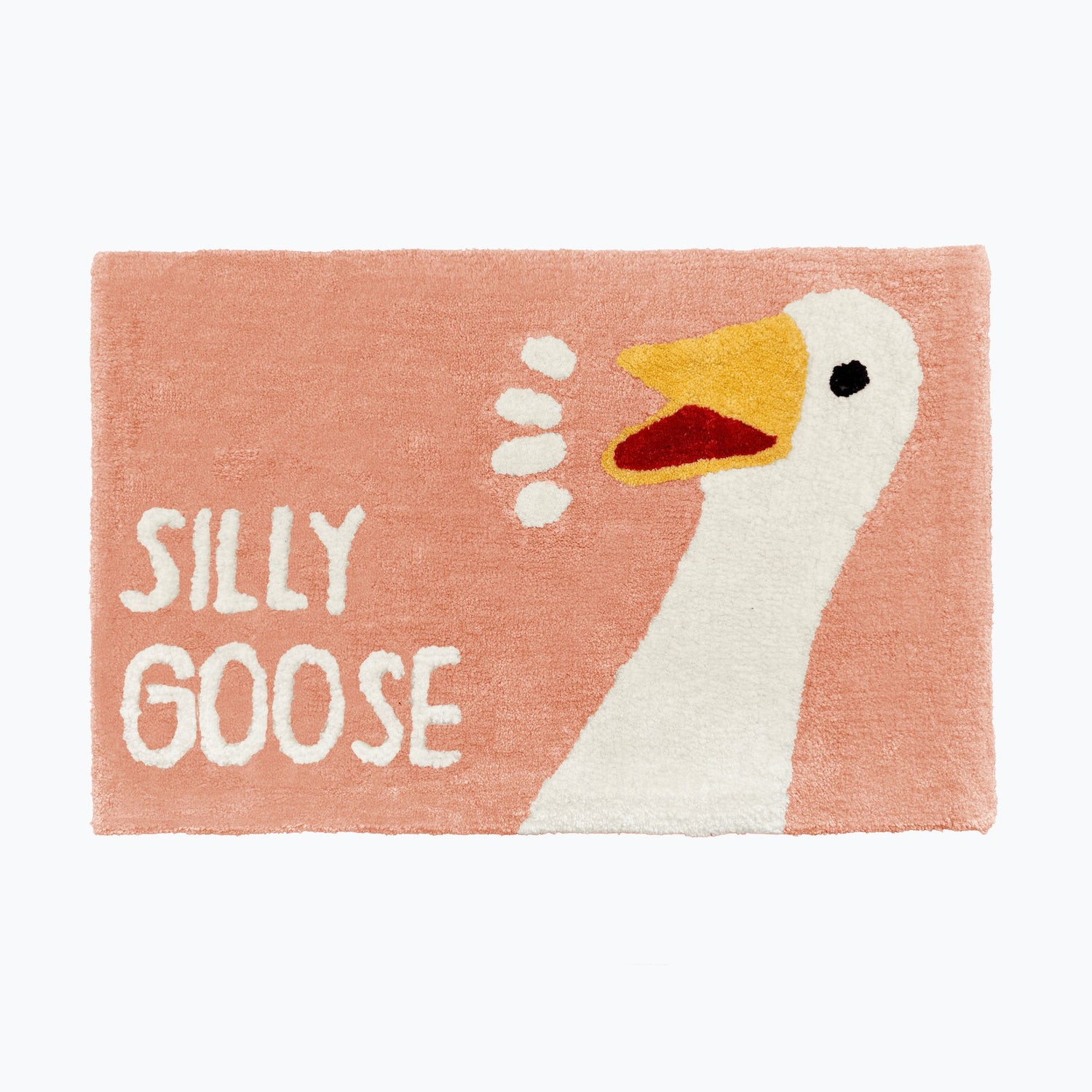 Blush pink silly goose slogan bath mat with white honking goose.