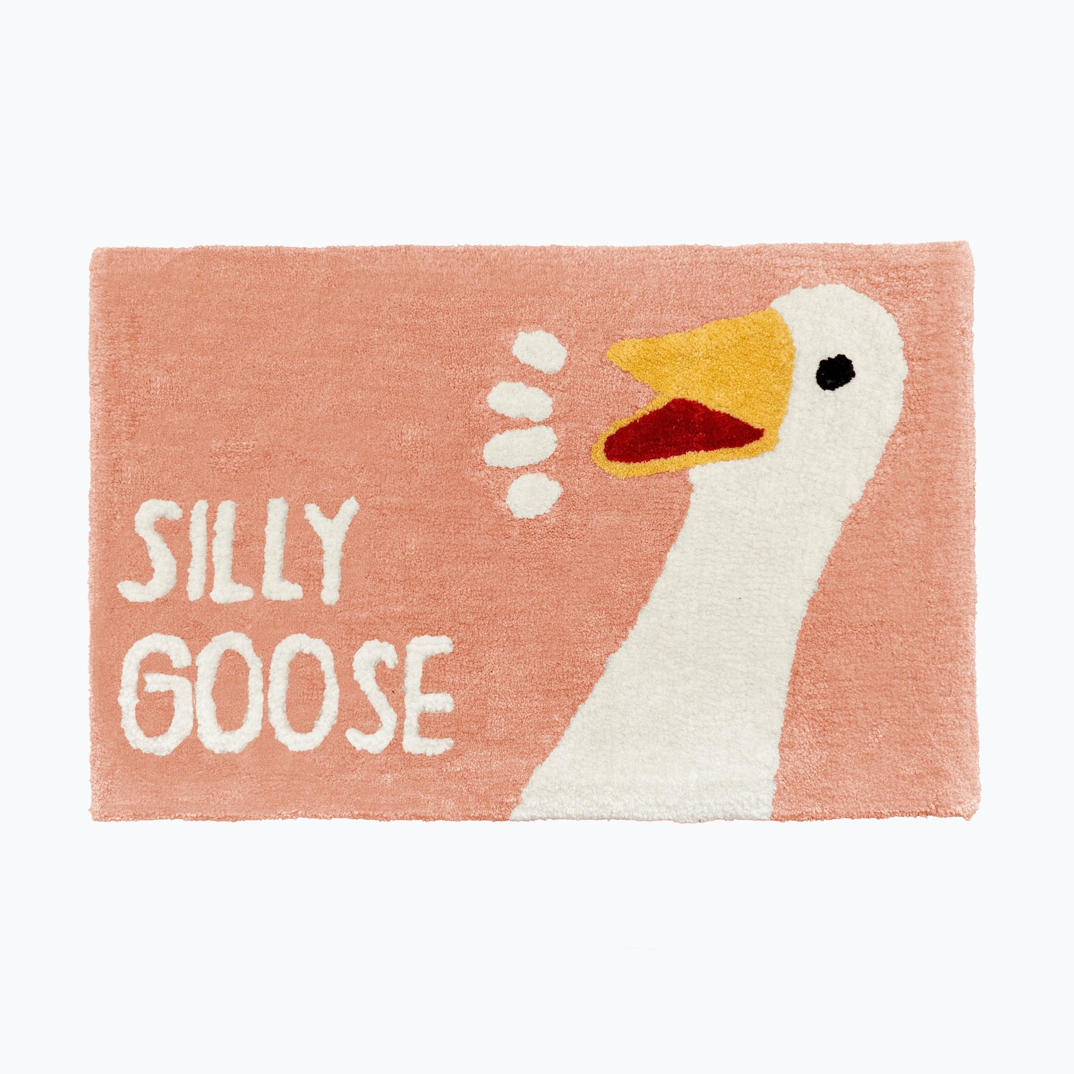 Blush pink silly goose slogan bath mat with white honking goose.