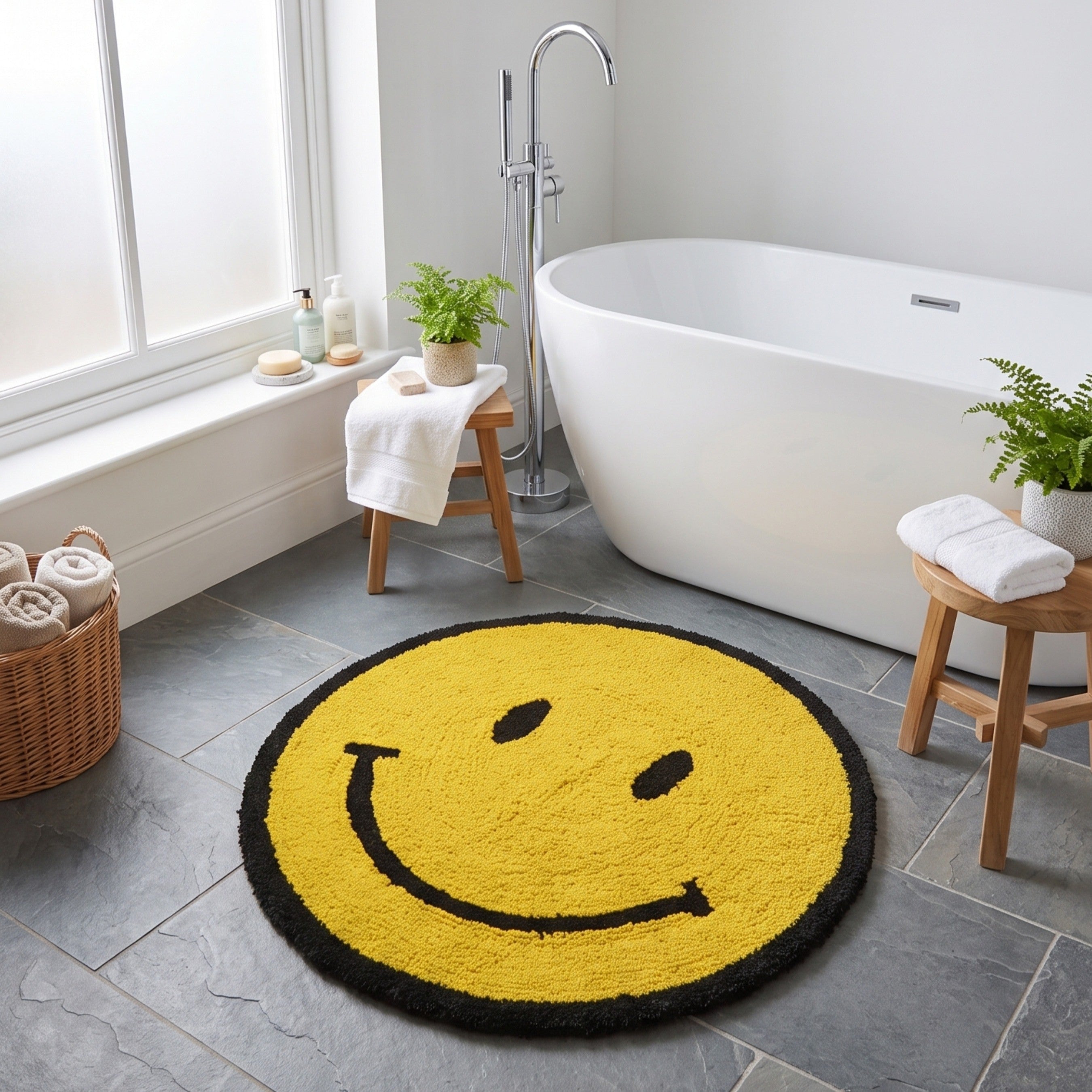 Yellow Happy Face Round Bath Mat