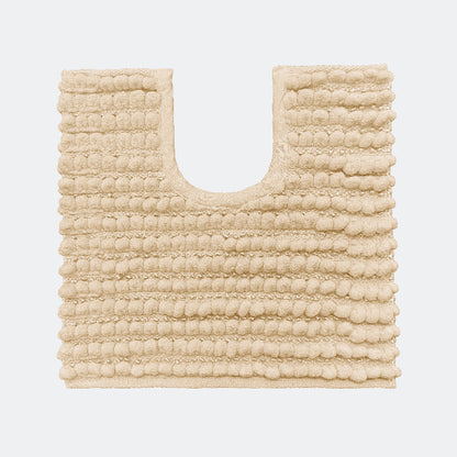 Beige pedestal toilet mat made from chenille - chunky bobble design.