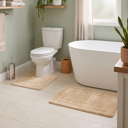 Lisa 2pc set of microfibre non slip bathroom mats - bath mat and pedestal mat size.