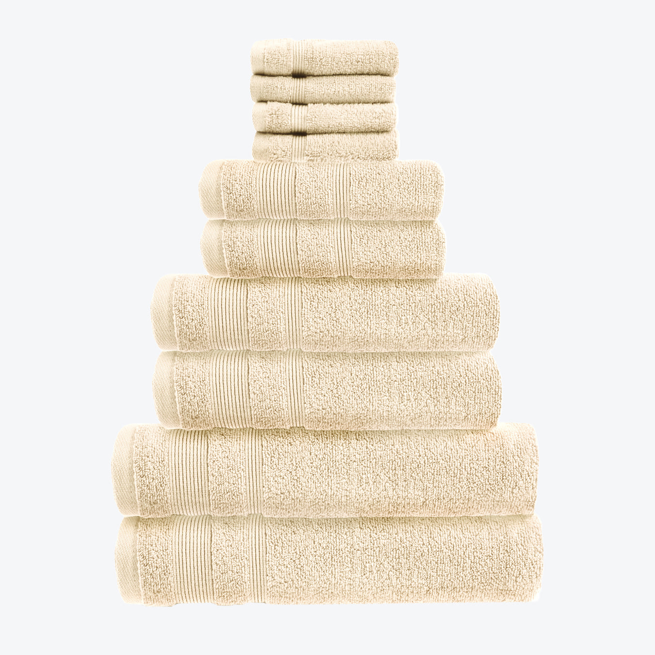 Stone Beige Zero Twist 10pc Towel Set Egyptian Cotton Bathroom Towel Bale. Hand Towels, Bath Towels, Bath Sheets, and Face Cloths