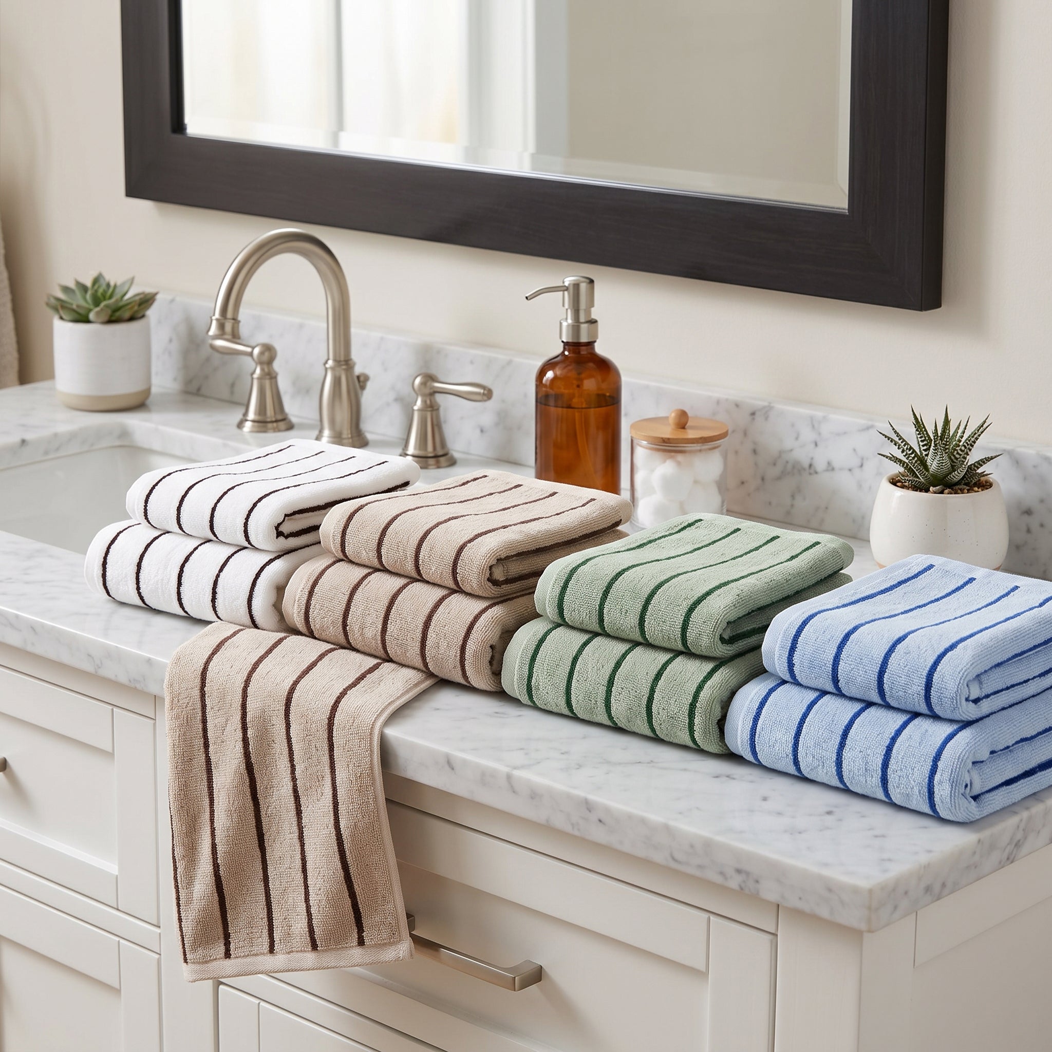 Striped towels for the bathroom, in a selection of modern timeless colours - beige, cream, green, blue.