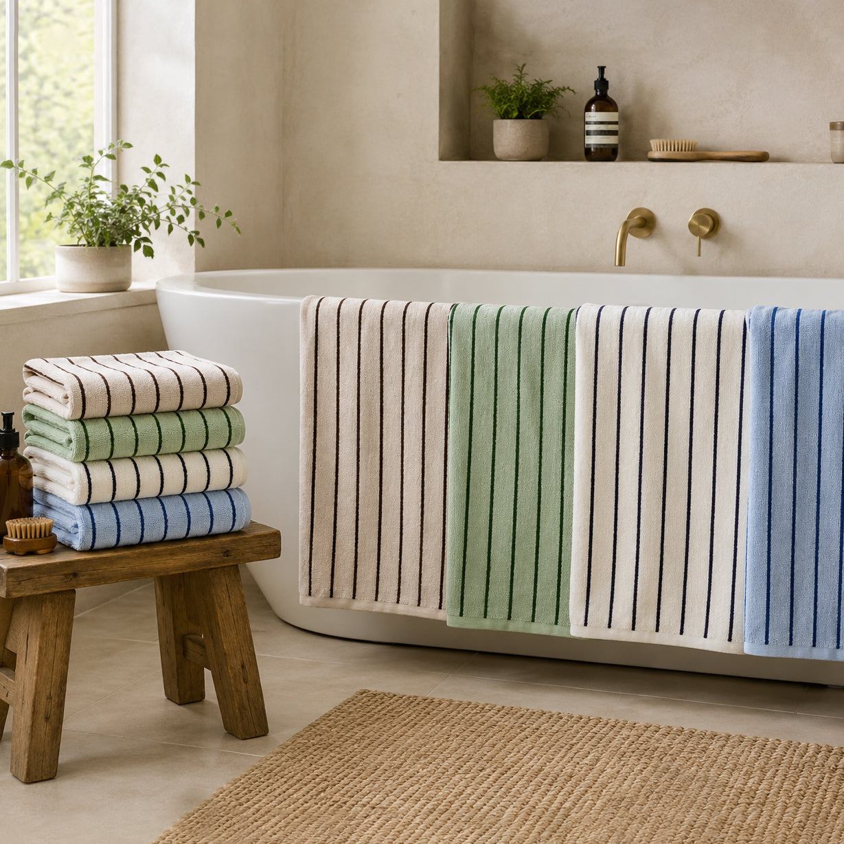 Striped towels for the bathroom in various colour - blue, green, beige and cream.