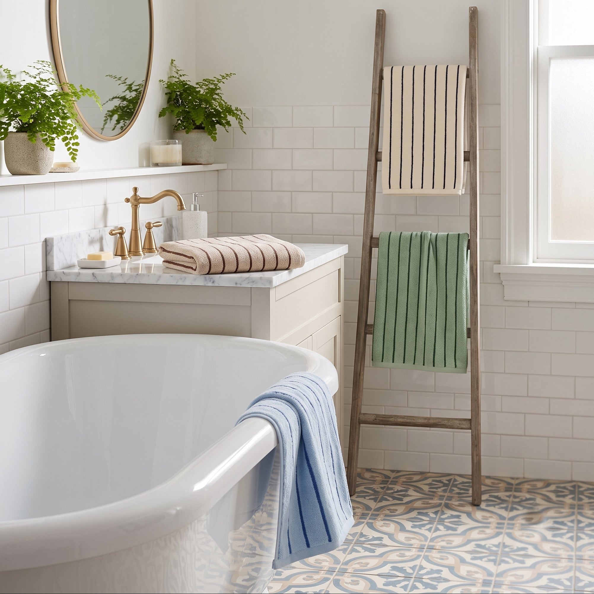 Striped bathroom towels in a selection of timeless colours - blue, green, cream, beige.