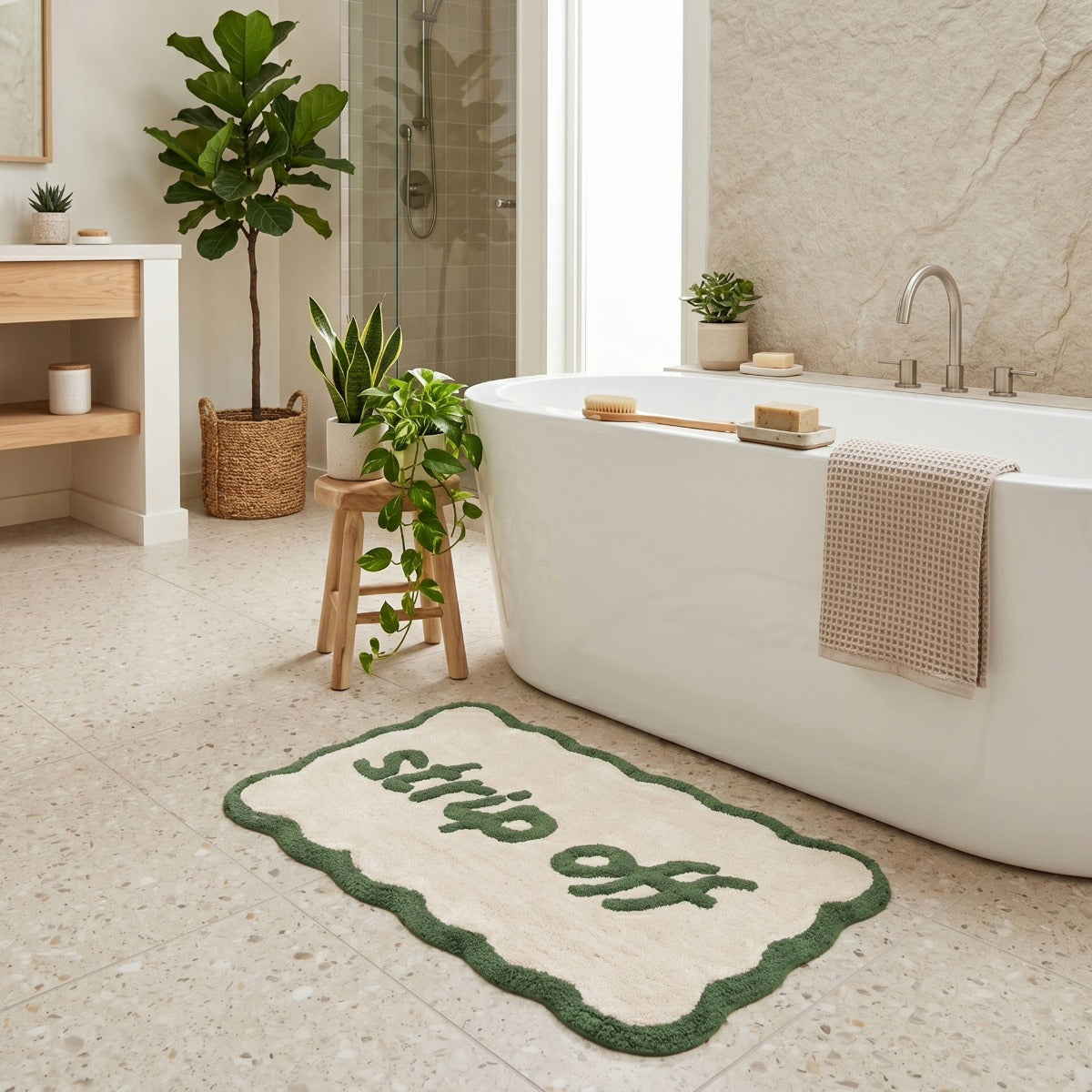 Strip Off Slogan Scalloped Bath Mat