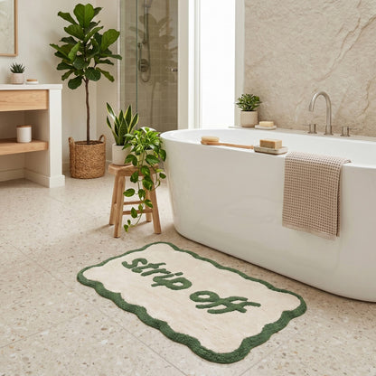 Strip Off Slogan Scalloped Bath Mat