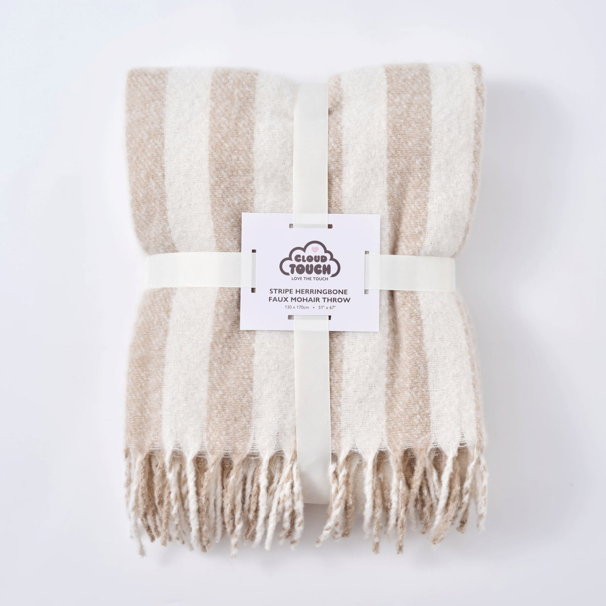 Taupe striped blanket with tasselled fringe - living room sofa throw made from faux mohair.