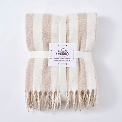 Taupe striped blanket with tasselled fringe - living room sofa throw made from faux mohair.