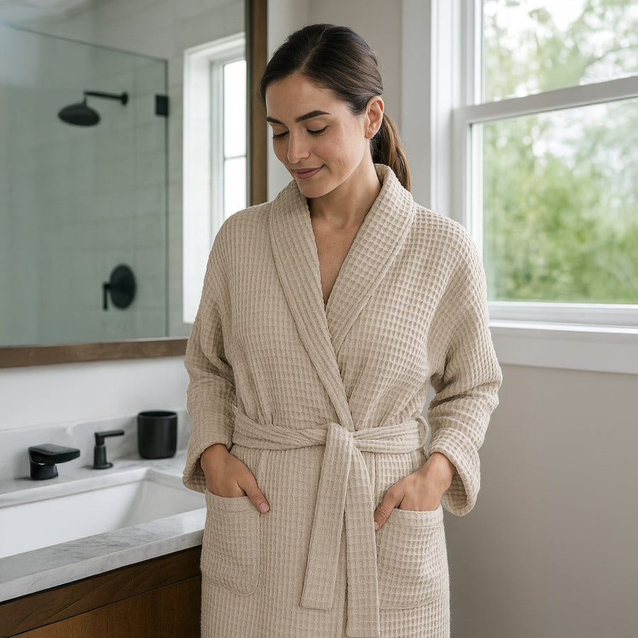 Lady wearing a beige bathrobe in waffle textured finish.
