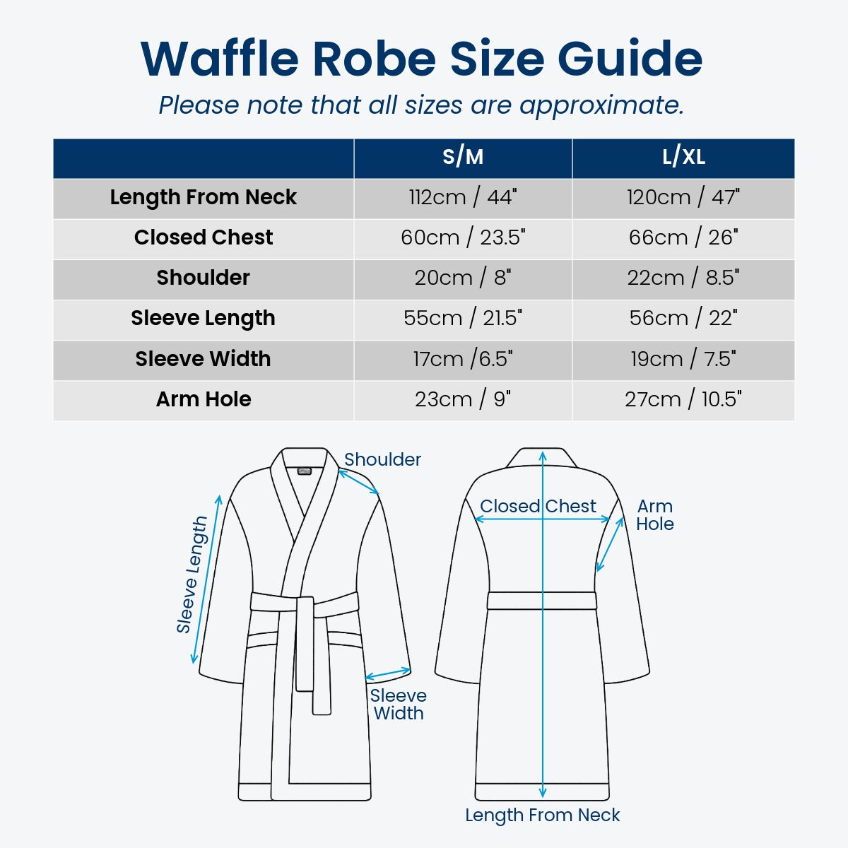 Waffle bath robe size guide for small/medium and large/ extra large sizes.