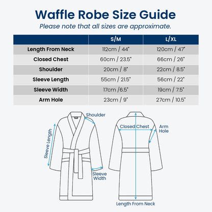 Waffle bath robe size guide for small/medium and large/ extra large sizes.