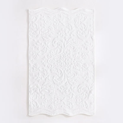 White scalloped bathroom towels in textured floral jacquard design - 100% cotton towels.