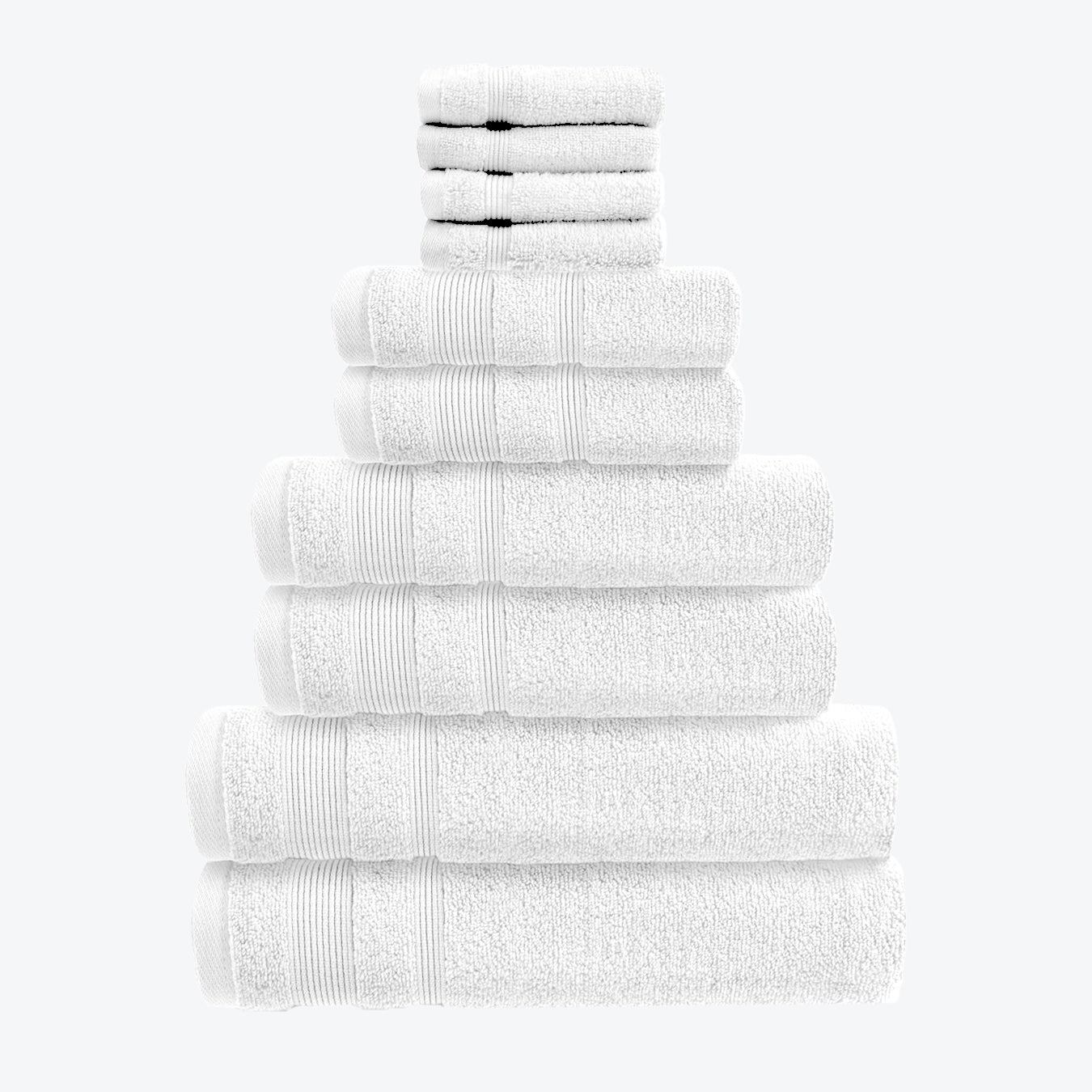White Zero Twist 10pc Towel Set Egyptian Cotton Bathroom Towel Bale. Hand Towels, Bath Towels, Bath Sheets, and Face Cloths
