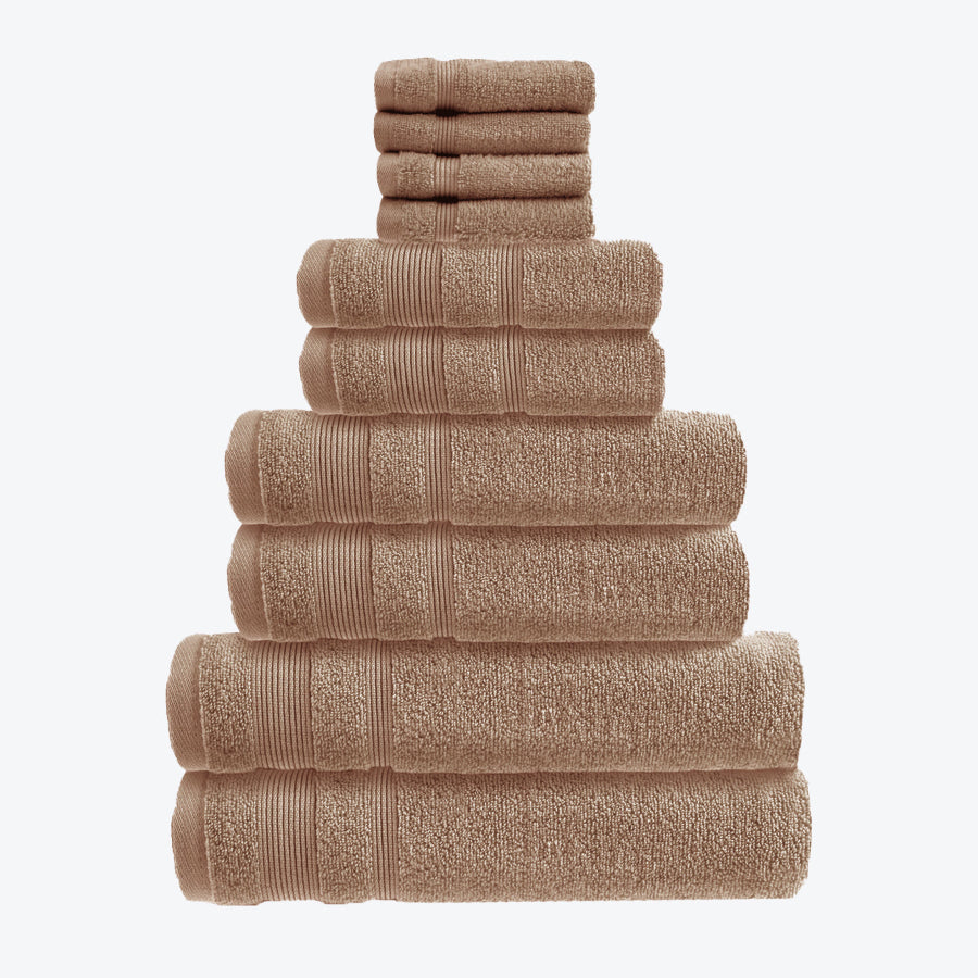 Mocha brown Zero Twist 10pc Towel Set Egyptian Cotton Bathroom Towel Bale. Hand Towels, Bath Towels, Bath Sheets, and Face Cloths