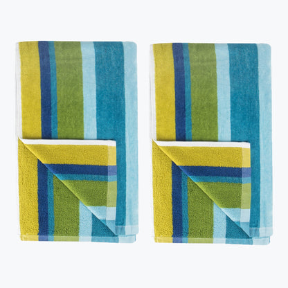 2pk Blue/green Striped Beach Towel - Soft 100% Cotton