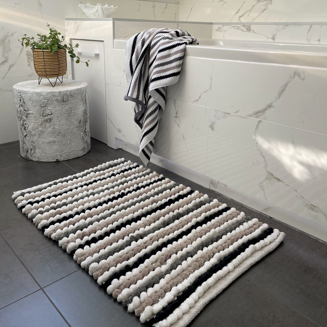 Monochrome chunky bobble bath mat - handwoven luxury bathroom rug