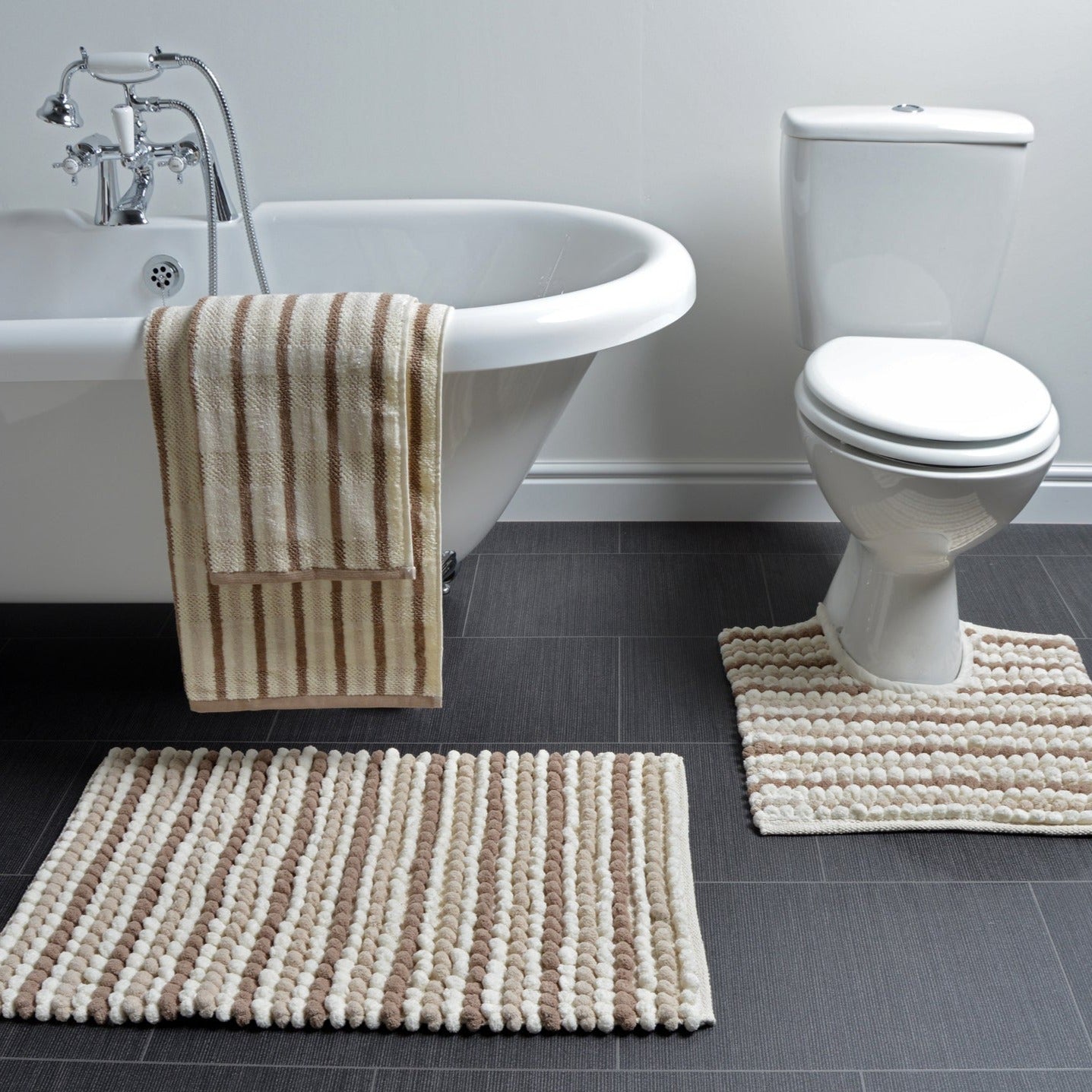 Neutral/beige striped bathroom mat set - 2pc bath mat and pedestal set in chunky bobble striped design