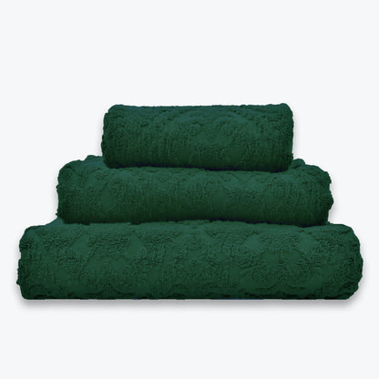 Dark Green Country House Towel Set - Floral Textured Bathroom Towels