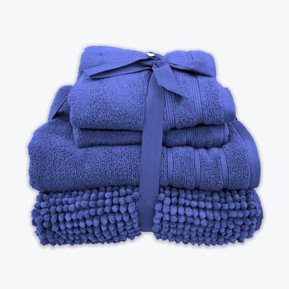 Blue Bath Mat and Towels Bathroom Set - Luxury 4pc Bale