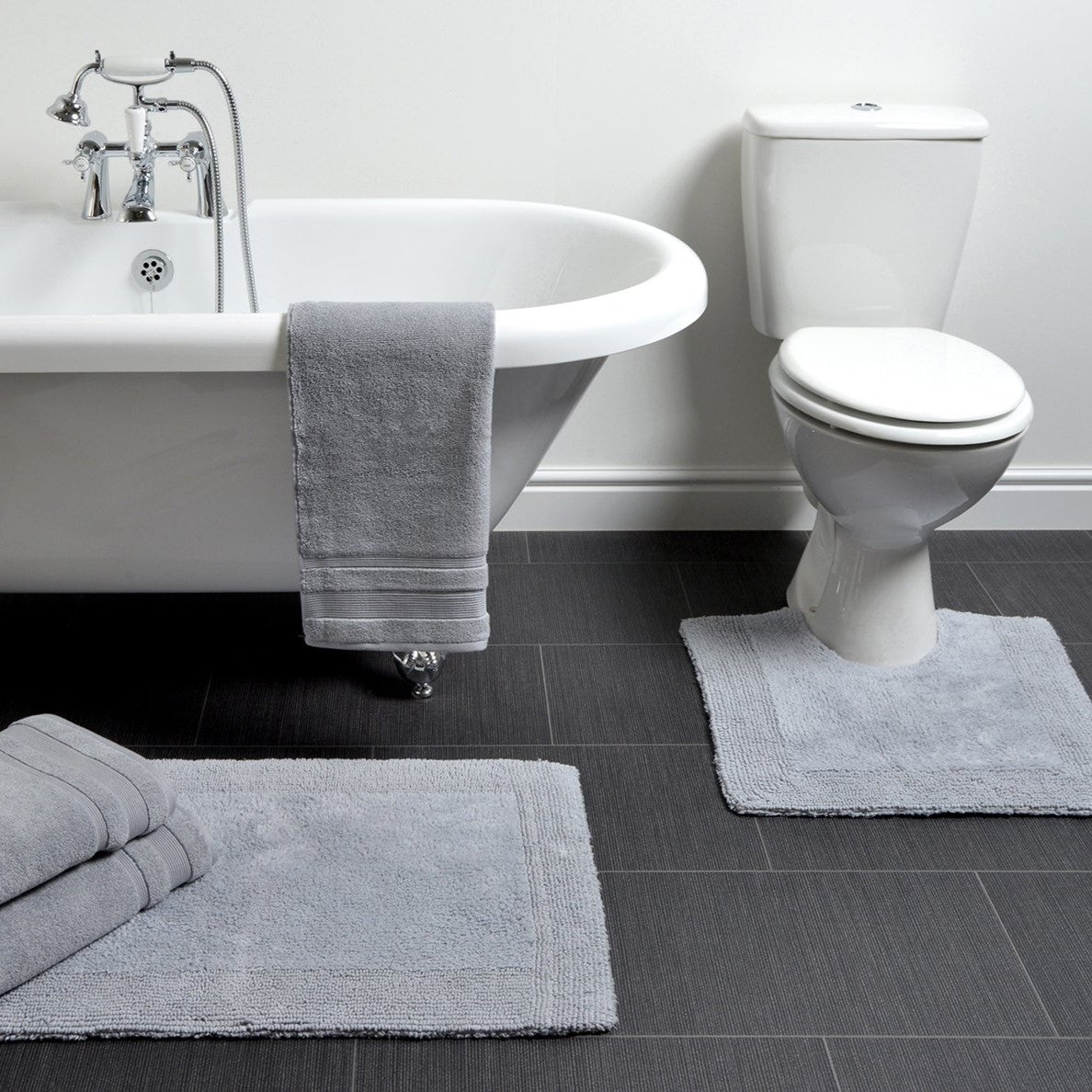 Light grey coordinated bathroom mat set - 2pc bath mat and toilet mat