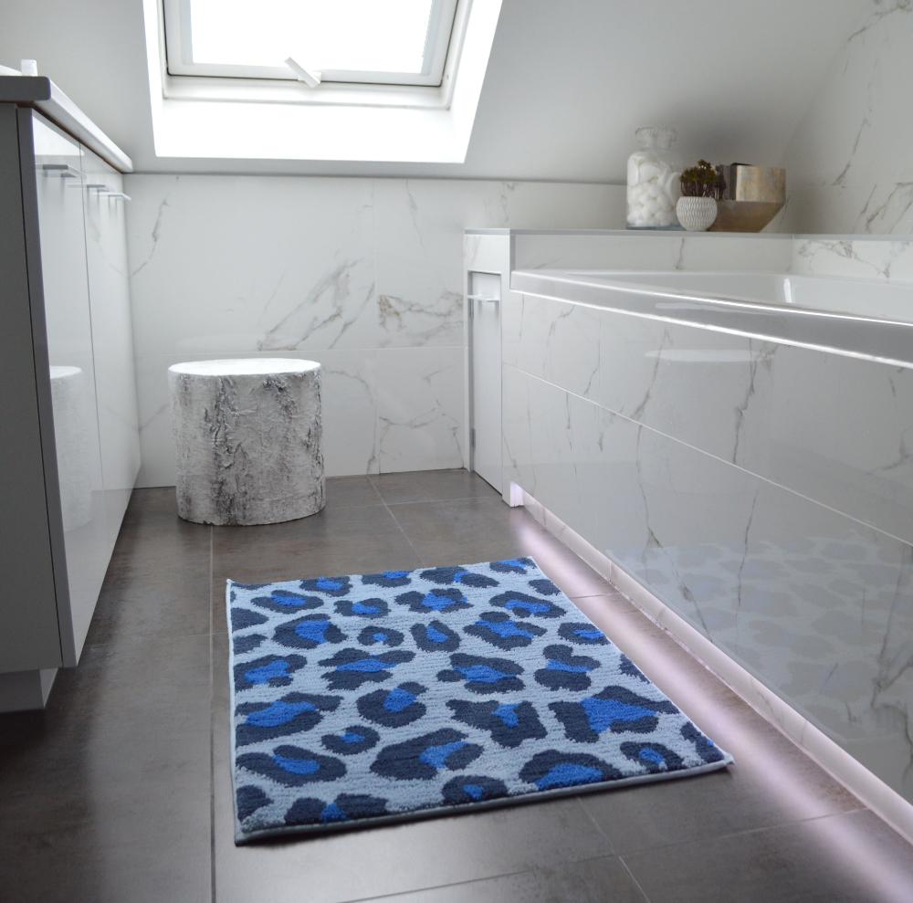 blue leopard print bath mat, large size funky bathroom rug.
