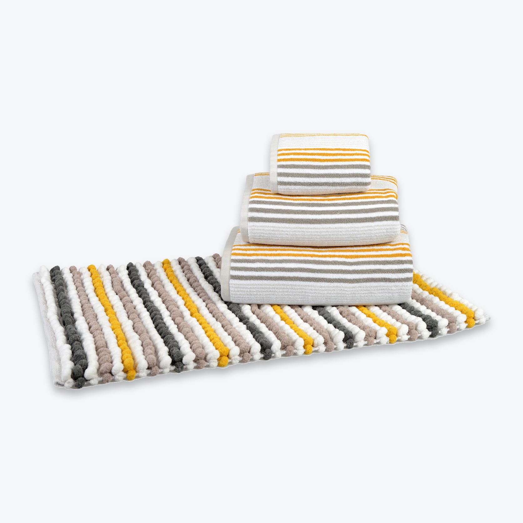 Mustard chunky bobble bath mats luxury stripe - co-ordinated striped towels
