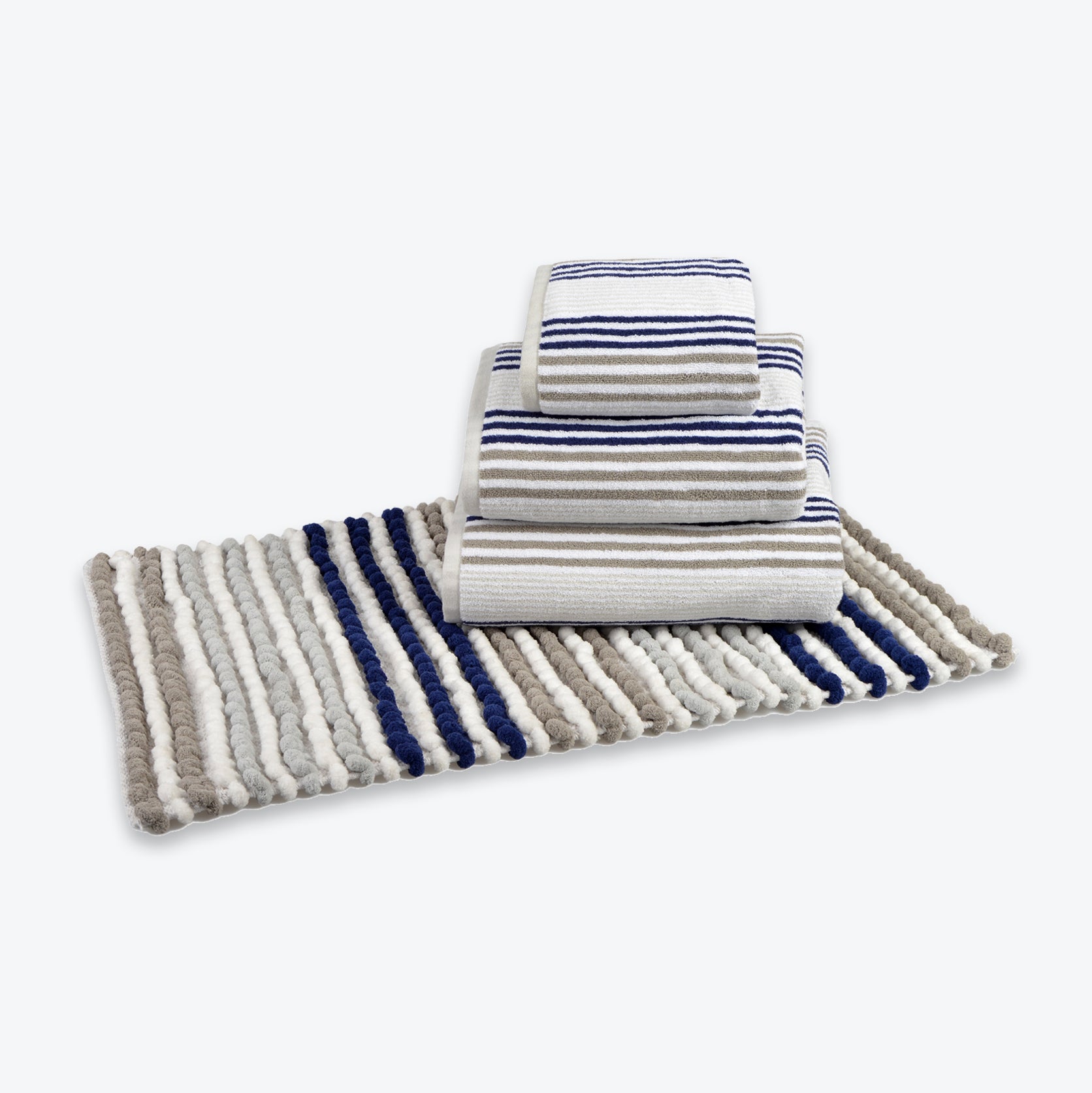 Navy Blue co-ordinating bathroom set chunky bobble bath mat with coordinated blue striped towels