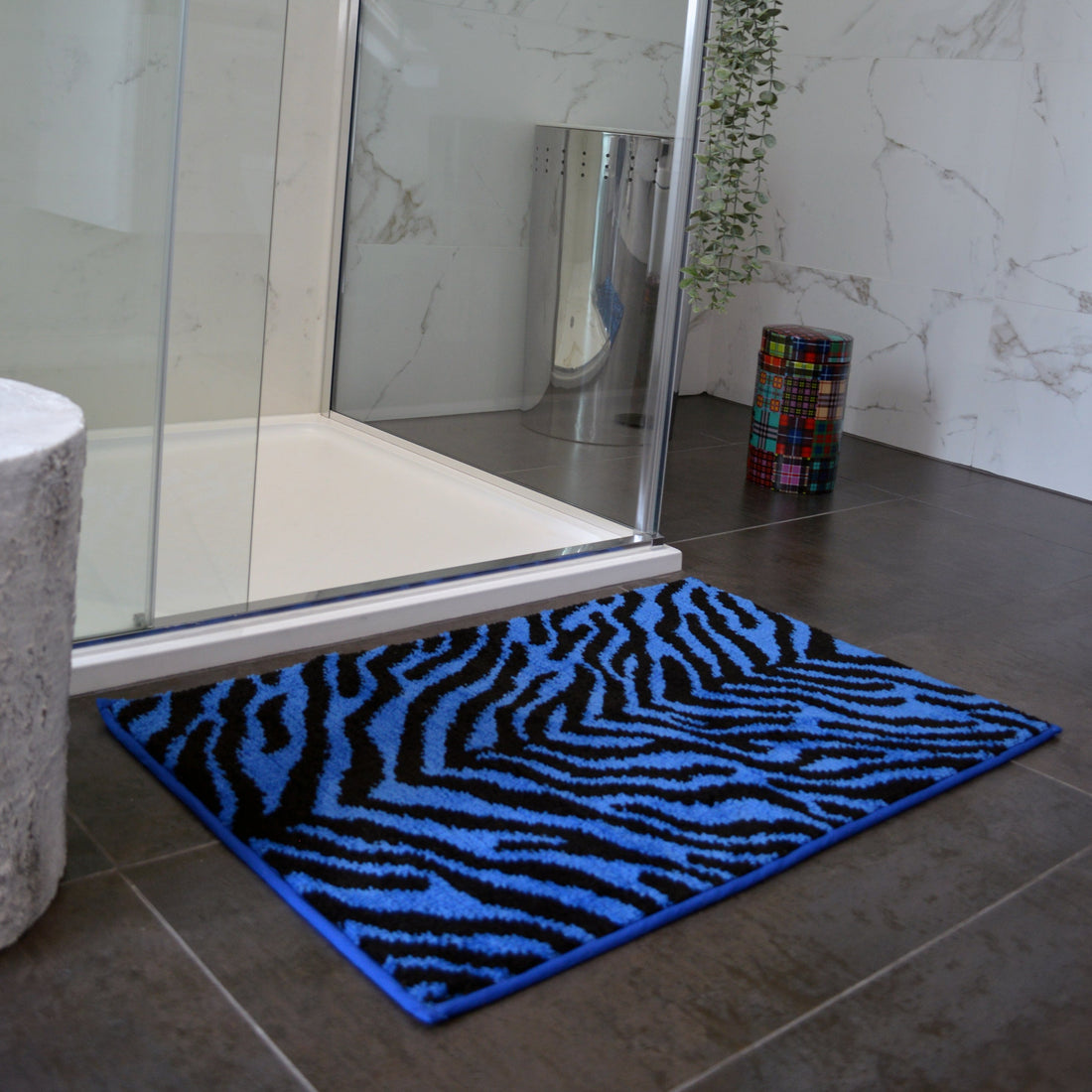 Zebra Print Bath Mat - Bright Blue and Black